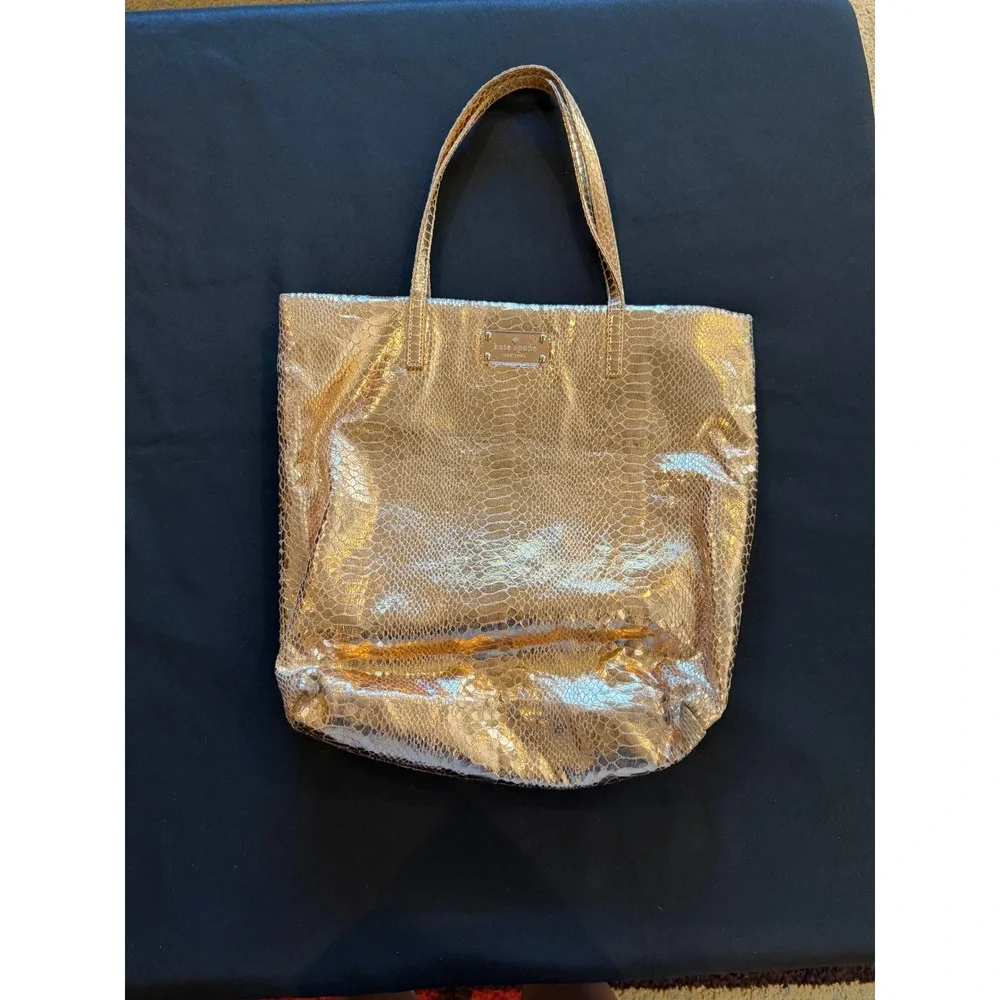 Vintage Kate Spade Gold Metallic Snakeskin Embossed Tote Bag Polka Dot Lining